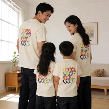 【小彬家】 滿版愛心 2026新款高端親子裝一家三口四口寬鬆母子母女裝短袖水彩塗鴉印花