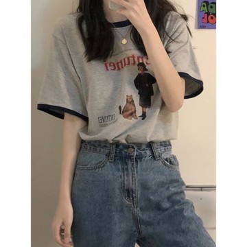 港風復古短袖T恤女夏季寬松百搭圓領設計感小眾別致上衣ins潮美式