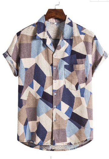 FINDSENSE X  男士 薄款 棉麻 西裝領 短袖 上衣 幾何圖案襯衣 休閒 襯衫防曬