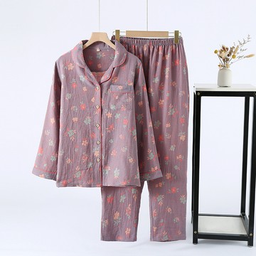 優質全棉長袖女士睡衣套裝 100%純棉色織提花雙層縐布棉紗長袖長褲四季薄款家居服套裝