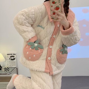 秋冬季三層夾棉睡衣女珊瑚絨加厚加絨草莓可外穿法蘭絨家居服套裝