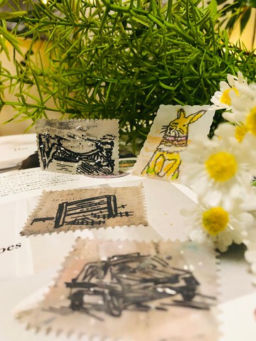 手繪客製化透明郵票-黑白似顏繪人像寵物插畫