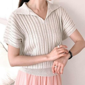 正韓女上衣 亞麻短袖針織衫SOM1123-創翊韓都