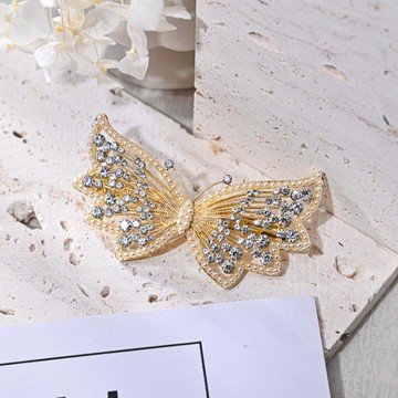 造型自動夾珍珠鑲邊鑽蝶-金