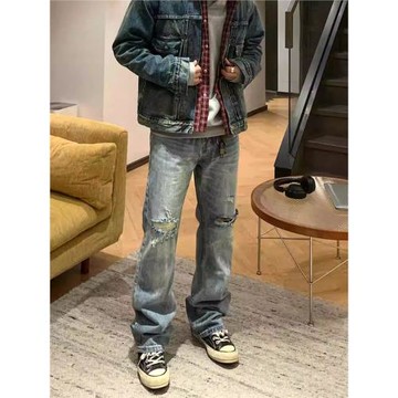 美式復古破洞牛仔褲男微喇褲春秋堆積感長褲百搭情侶高街水洗做舊