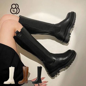 【88%】5CM長靴 率性百搭簡約 筒高39CM皮革側鬆緊後拉鍊圓頭厚底靴 切爾西靴 煙管靴 騎士靴 黑靴