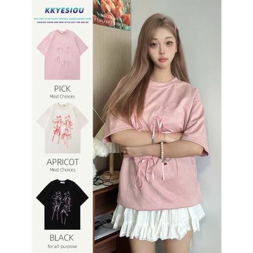 兔子Kkyesiou復古蝴蝶結短袖刺繡