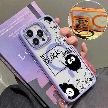 可愛煤球 磁吸防摔殼 金屬鏡頭支架 磁吸手機殼 iPhone 17 16 15 14 13 12 11 Max 防摔殼