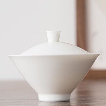 德化羊脂玉白瓷二才斗笠蓋碗單個家用客廳小號防燙陶瓷杯泡茶器