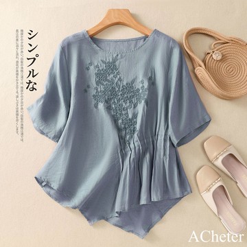 【ACheter】文藝復古刺繡捏褶棉麻感上衣不規則下擺繡花短袖短版# 122261(現貨+預購)