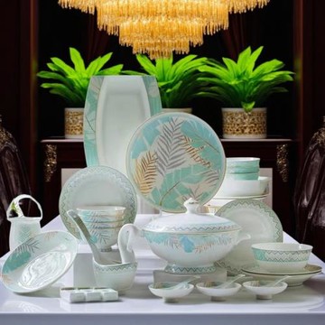 唐山叢林晨光骨質瓷餐具盤輕奢簡約北歐風清新家用送人金邊套裝