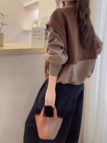 米尼棉拼接格子假二件上衣-2色 393276