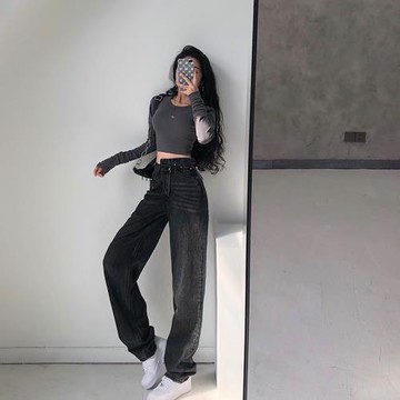 YoungGirlDay 歐美博主街拍錯腰寬松顯瘦直筒闊腿老爹牛仔長褲潮