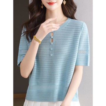 (免運)年輕媽媽冰絲針織衫女短袖t恤2025夏季新款圓領寬松遮肉洋氣上衣
