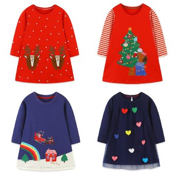 2025新年喜慶女童長袖連衣裙女孩針織棉卡通圣誕公主裙歐美風