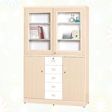 文創集 南亞塑鋼 尼拉多彩3.8尺雙推門雙開門五抽屜高書櫃(二色可選)-118.1x40.8x180cm免組