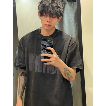 水洗 T恤 短袖上衣 古著 美式復古水洗黑色純棉短袖T恤男夏季新款爆款潮流青少年帥氣上衣 情侶短袖 短袖