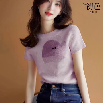 初色  日系大象圖案印花圓領短袖T恤針織衫上衣女上衣-共2色-34940(F可選/現貨+預購)