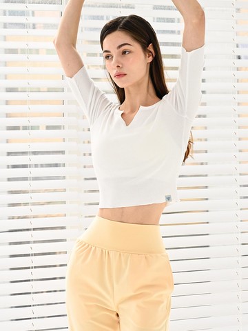 Ribbed slit neck crop short sleeve T-shirt_white