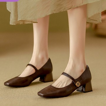 台灣出貨  真皮高跟鞋女複古瑪麗珍粗跟單鞋女時尚2025春季新款女外穿高級感