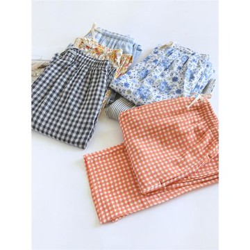 春夏簡約格子純棉精梳棉紗雙層紗睡褲男士長褲家居褲口袋前門開口