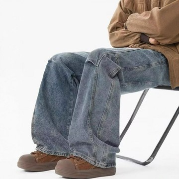 彎刀牛仔褲男款2025春秋新款美式復古解構設計感寬松直筒闊腿長褲鑫弘-衣錦男裝