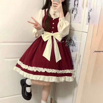 女裙 連衣裙 兩件/套裝日系甜美學院風洛麗塔蝴蝶結背帶連衣裙女學生+白色上衣