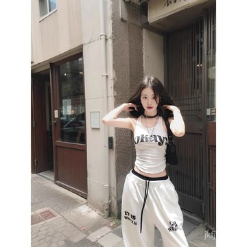 女裝 女生套裝夏季短tee 潮牌休閒套裝 夏天套裝 百依姣辣妹短款無袖印花背心上衣套裝女夏季高腰直筒闊腿褲兩件套