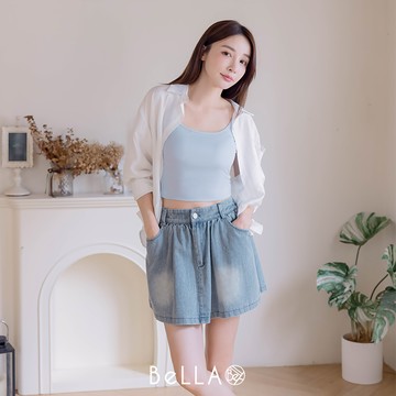【1+1優惠】BeLLA 後鬆緊坑條牛仔短裙 藍色