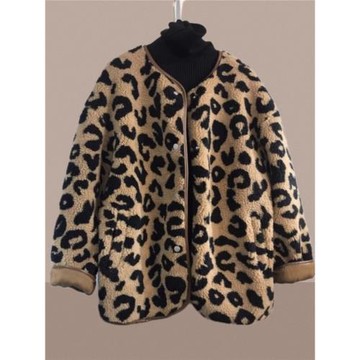 豹紋仿羊羔毛外套女秋冬韓版歐貨爆款毛茸茸小眾皮毛一體圓領上衣