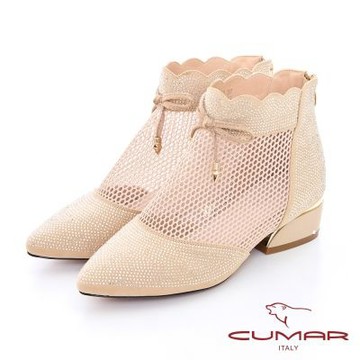 【CUMAR】排鑽鏤空網布粗跟短靴-杏