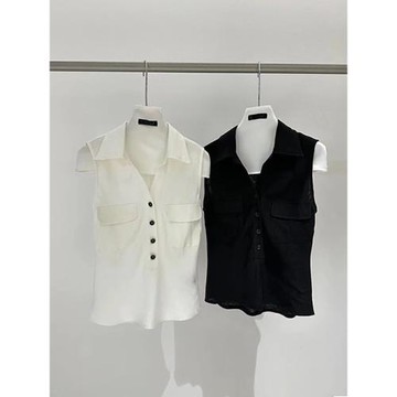 小眾翻領襯衫十三行夏季新款無袖系扣設計感口袋極簡純色上衣女裝