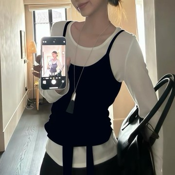 Muun Studio 韓系鬆弛感純色U領吊帶背心女早秋疊穿修身長袖T恤兩件套