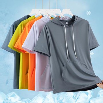 連帽純色冰絲短袖T恤男士夏季2025新款寬松休閑帶帽半袖衛衣體恤