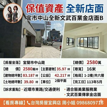 保值資產✪專約宜蘭市全新店面✪臨16米道路適百業｜宜蘭縣宜蘭市中山路五段