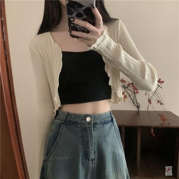 🎈流行女裝🎈木耳邊防曬開衫薄款女百搭外搭罩衫夏披肩冰絲針織衫小坎肩上衣