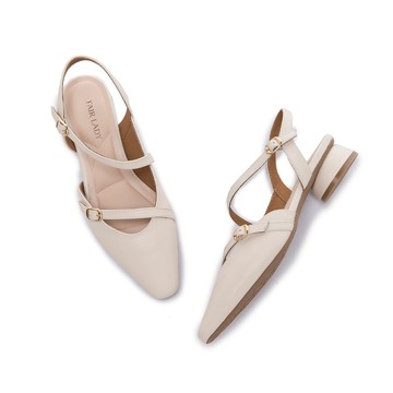 芯太軟 簡約繞帶尖頭小低圓跟涼鞋 奶油 (4A3125)