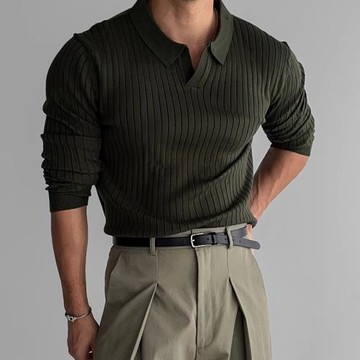 春秋季新款韓版高級感男裝純色螺紋彈力翻領套頭修身針織T恤衫男