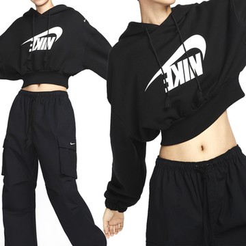Nike OS FLC Crop PO HDY DA 女款 黑色 落肩 寬鬆 倒鉤 短版 長袖 FV7778-010