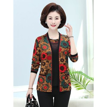 中老年人長袖上衣假兩件套女T恤春秋短款媽媽裝遮肚花色小衫50歲