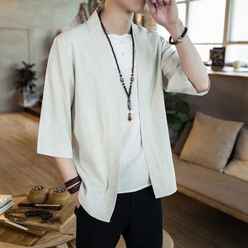 夏季中國風亞麻七分袖外套男潮薄款日系和服日式和風開衫棉麻道袍