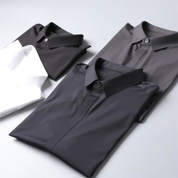 凌凌漆夏季清爽男襯衫絲滑舒適抗皺免燙壓膠彈力修身男士短袖襯衣