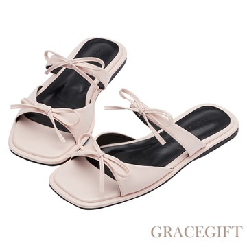 【Grace Gift】蝴蝶結雙帶方頭平底拖鞋 粉紅