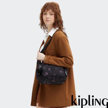 『牛角包』Kipling (網路獨家款)黑底印花輕巧多袋實用側背包-GABB S