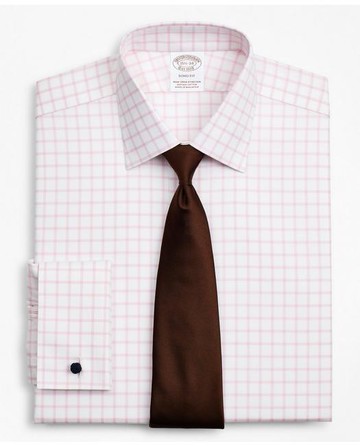 Brooks Brothers Men's Stretch Soho Extra-Slim-Fit Dress Shirt, Non-Iron Twill Ainsley Collar French Cuff Grid Check | Pink | Size 15½ 36