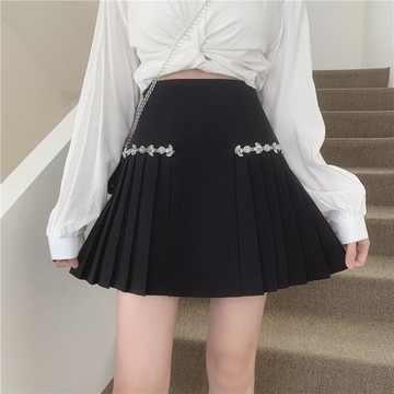 A字遮胯百褶裙胖妹妹顯瘦半身裙大碼法式鑲鉆短裙高級感氣質裙子