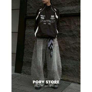 【PORY STORE】韓國 cleanfit刷舊彎刀褲 寬鬆 復古 牛仔褲 實拍 百搭 寬褲 男女可穿