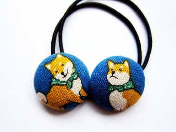 兒童髮飾 手作布包鈕釦髮束髮圈 柴犬表情 鬆緊帶髮圈 一組兩入