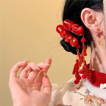 年味滿滿~紅色糖葫蘆流蘇發夾女2026馬年新年頭飾可愛側邊夾發飾