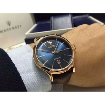 MASERATI手錶, 男女通用錶 42mm 玫瑰金圓形精鋼錶殼 寶藍色簡約錶面款 R8851118001